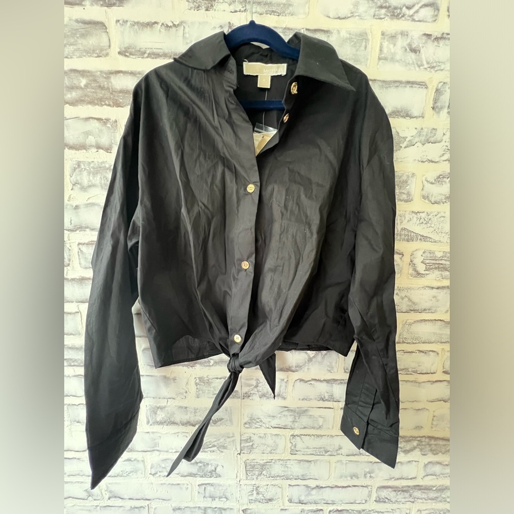 MICHAEL Michael Kors Small Black Button Down Poplin Tie Dress Shirt. NWT